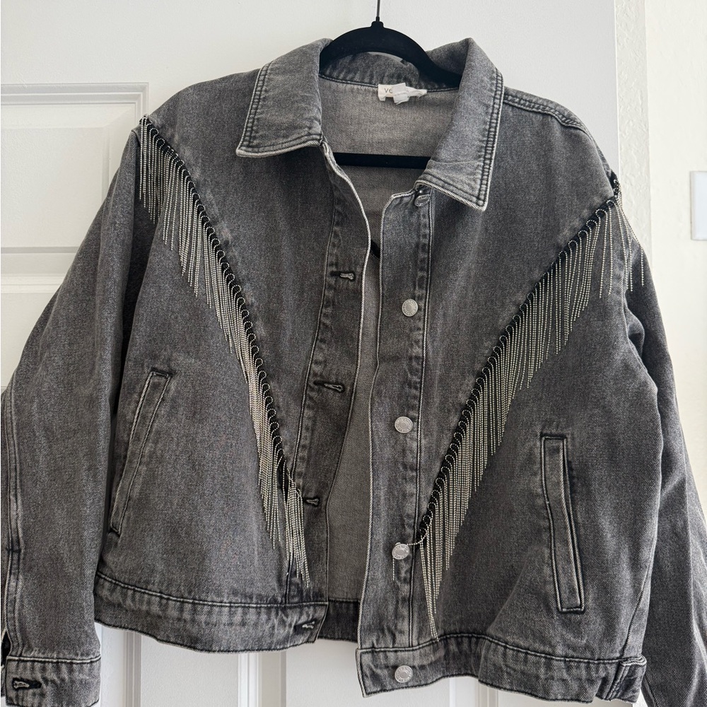 Black Denim Jacket with Fringe Detail
